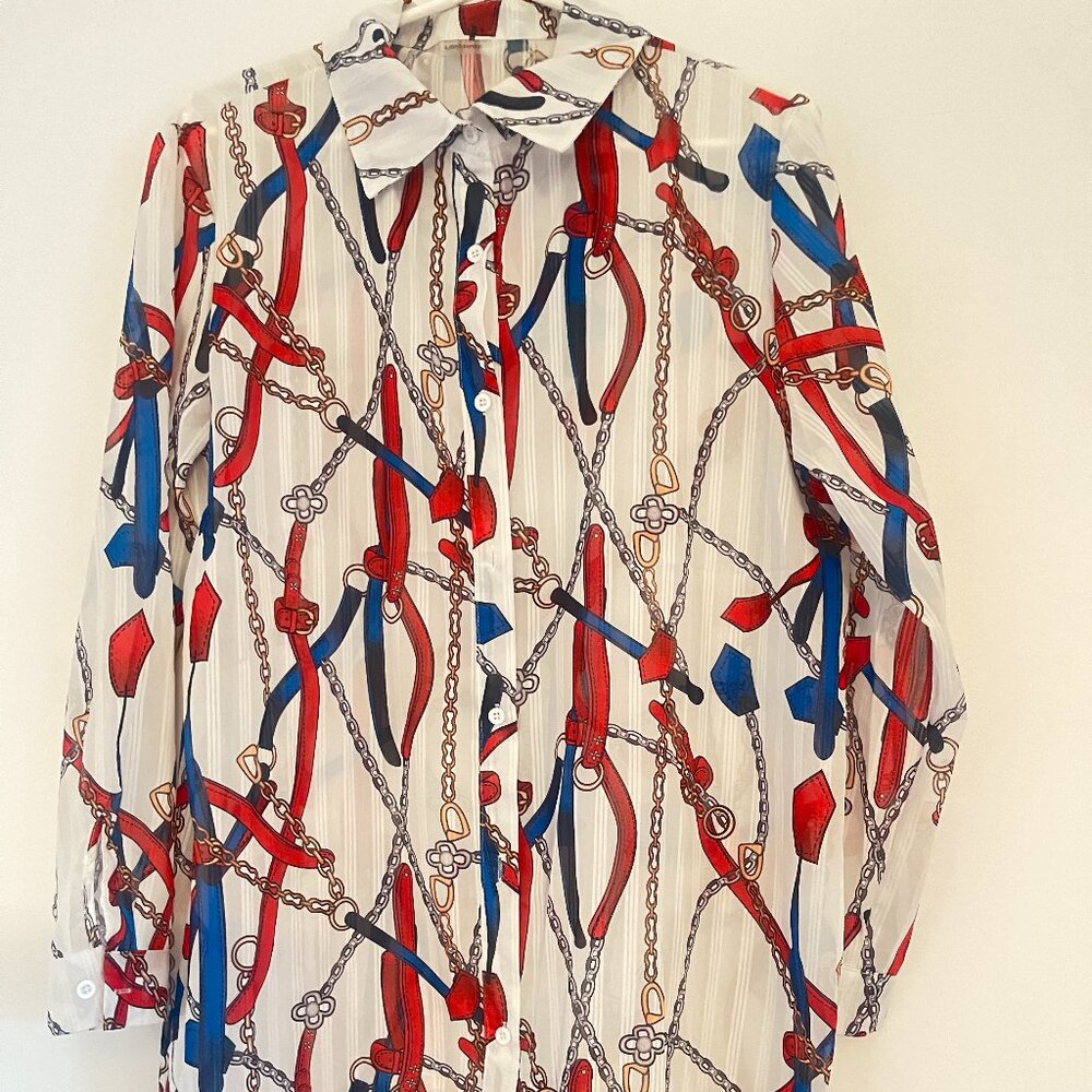 LISA MAREE COVER UP DRESS WHITE SHEER W RD / BLUE AND CHAIN LINKS L